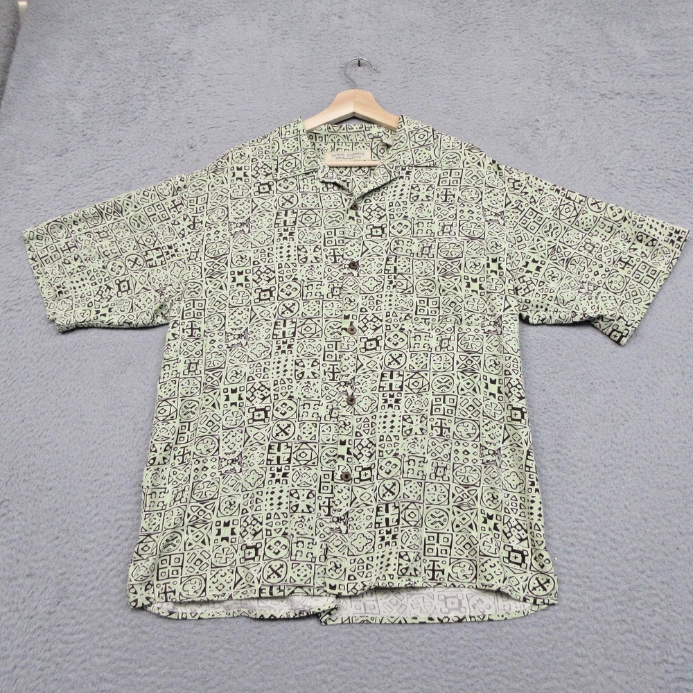 Island Republic Hawaiian Silk Shirt Mens Large Green Tribal Geometric Aloha Camp
